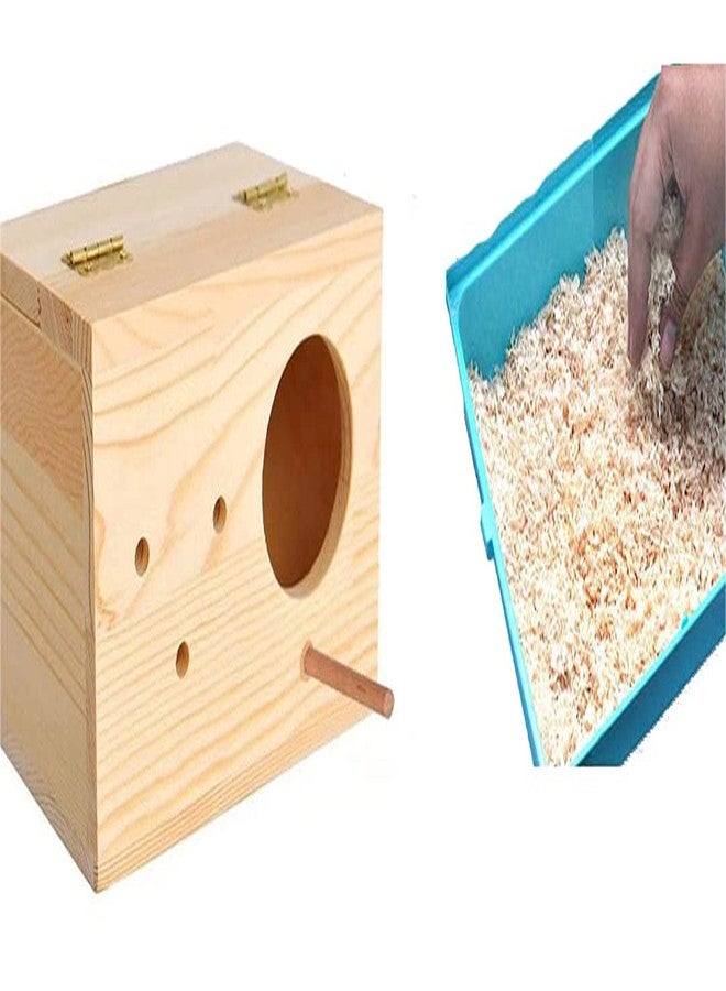 Sage Square Spewcial Combo of Natural Wood Mountable Bird Nest Breeding Box with Perch (Design for Small Birds) with Nesting Material (80grm) - Image 1